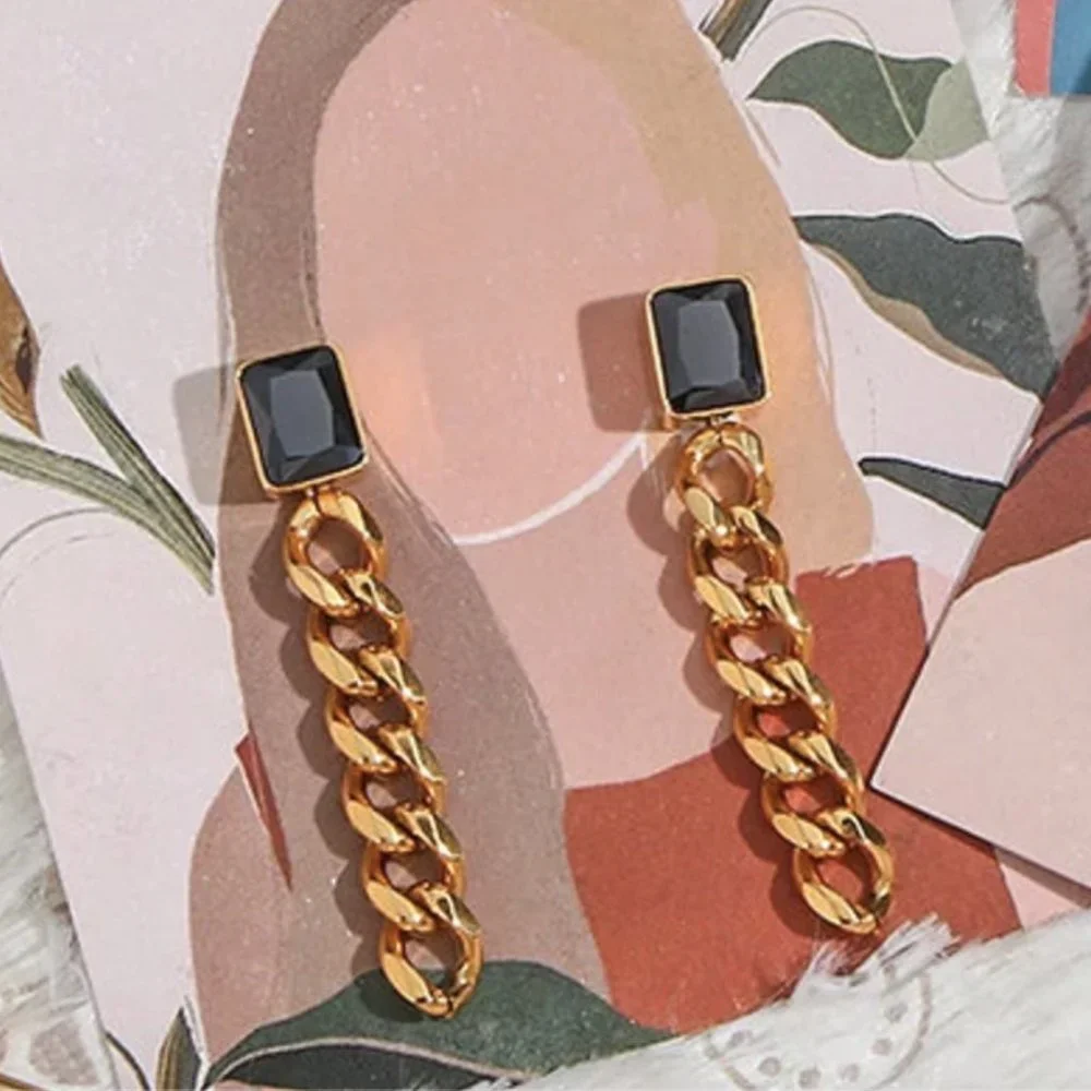 Black Zircon 18K Gold Plated Chain Stainless Steel Earrings - Picture 2 of 5